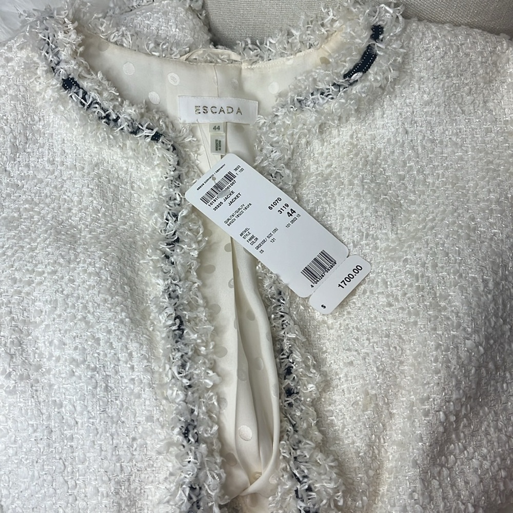 ESCADA VINTAGE COAT WHITE NAVY GROSGRAIN BOW TRIM VINTAGE 2002 WITH TAGS - Picture 14 of 16